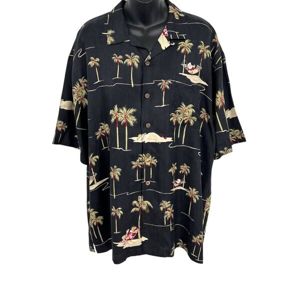 Hilo Hattie Men Hawaiian Shirt Medium M Black Tropical Palm Tree Silk X-Mas EUC - Picture 1 of 8